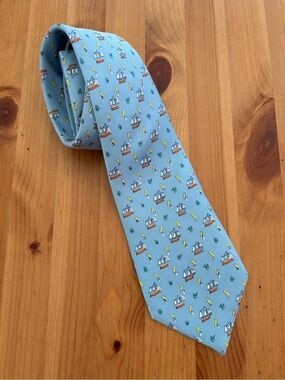 J. McLaughlin Light Blue Nautical Silk Tie with Sailboats and Yellow Birds